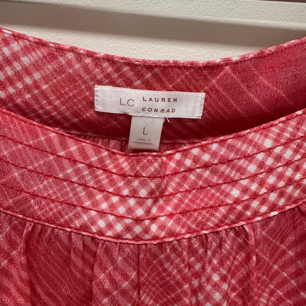 LC Lauren Conrad Women’s L Red Plaid Blouse Top Shirt Long Sleeves Square Neck - Picture 8 of 8